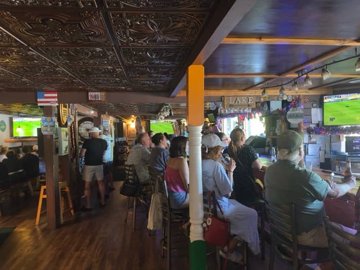 Crowd packed into Duffy's main bar on the first floor, watching the game